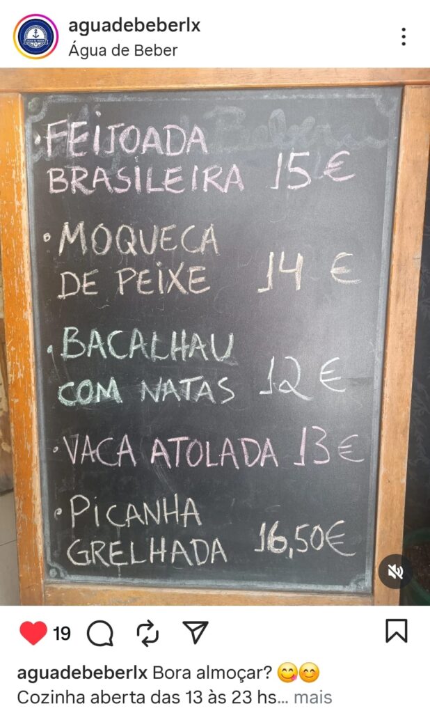 menu do dia bar agua de beber lisboa foto post redes sociais